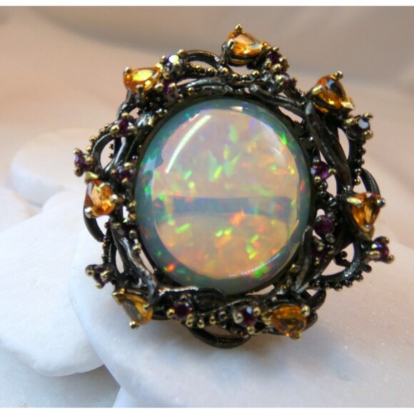 HUGE 17CT Ethiopian Welo Opal Citrine Sterling Silver Ring SZ 8 OOAK Statement - Picture 9 of 11